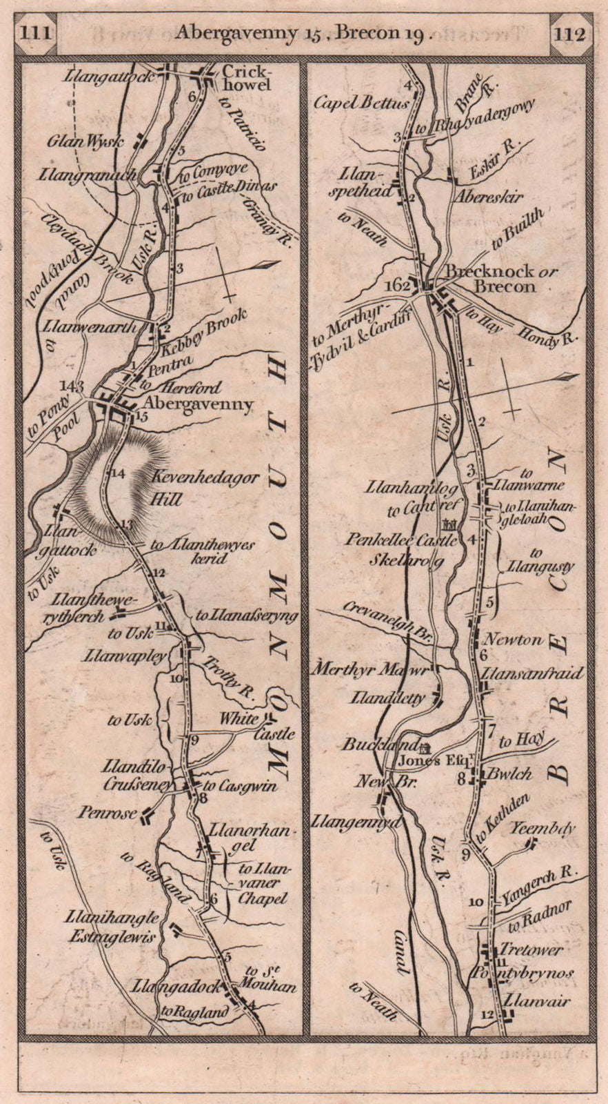 Abergavenny - Crickhowell - Brecon road strip map PATERSON 1803 old